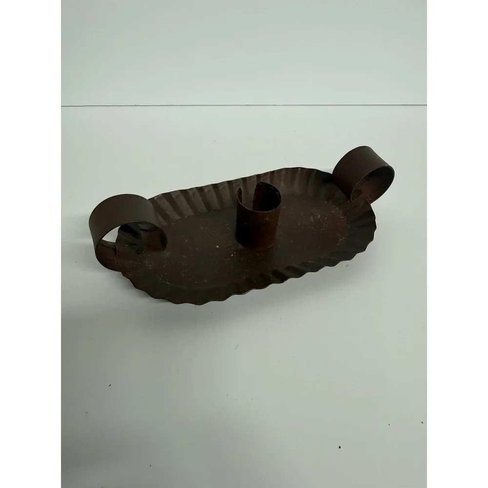 Primitive Rustic ‎  Pillar Candle Fluted Tin Pan Candlestick Handle